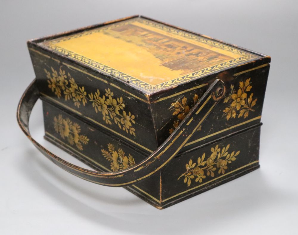 Brighton interest: A Chain pier and Marine Parade, Brighton japanned sewing basket, c.1840., the interior with a view of the pavilion